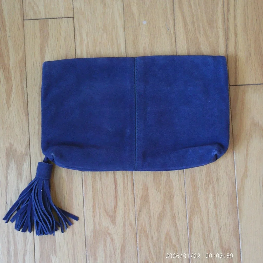 Leith Nordstrom 100% Leather Suede Boho Tassel Foldover Zipper Clutch OS Blue